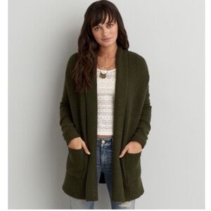 American Eagle Cardigan Green Chunky Knit Oversized Open Sweater Pockets